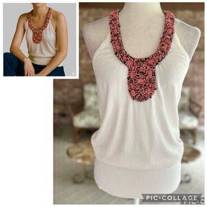 Cache Sweater Beaded Collar Halter Knit Tank Top Ivory L Cocktail Glam Y2K Boho